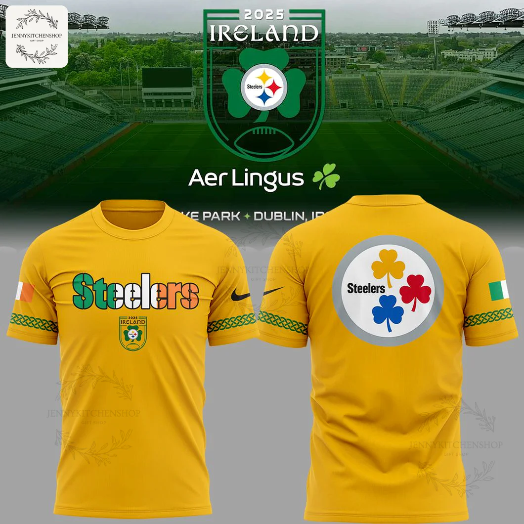 The yellow Pittsburgh Steelers Ireland 2025 t-shirt shown from the front and back, with a Dublin stadium background.