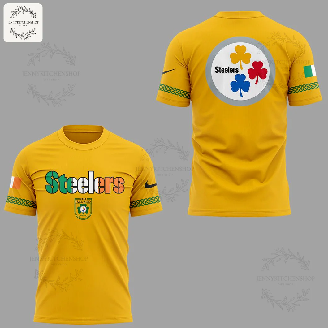 A front and back view of the yellow Pittsburgh Steelers Ireland 2025 t-shirt, featuring Irish-themed graphics and logos.