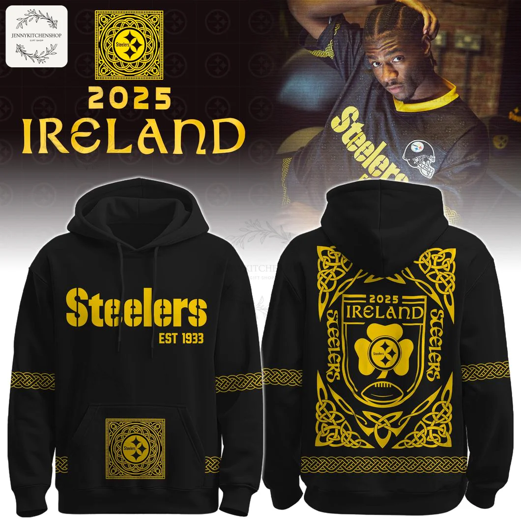 Front and back of the black Pittsburgh Steelers Ireland Heritage 2025 hoodie featuring yellow Celtic designs and team logos.
