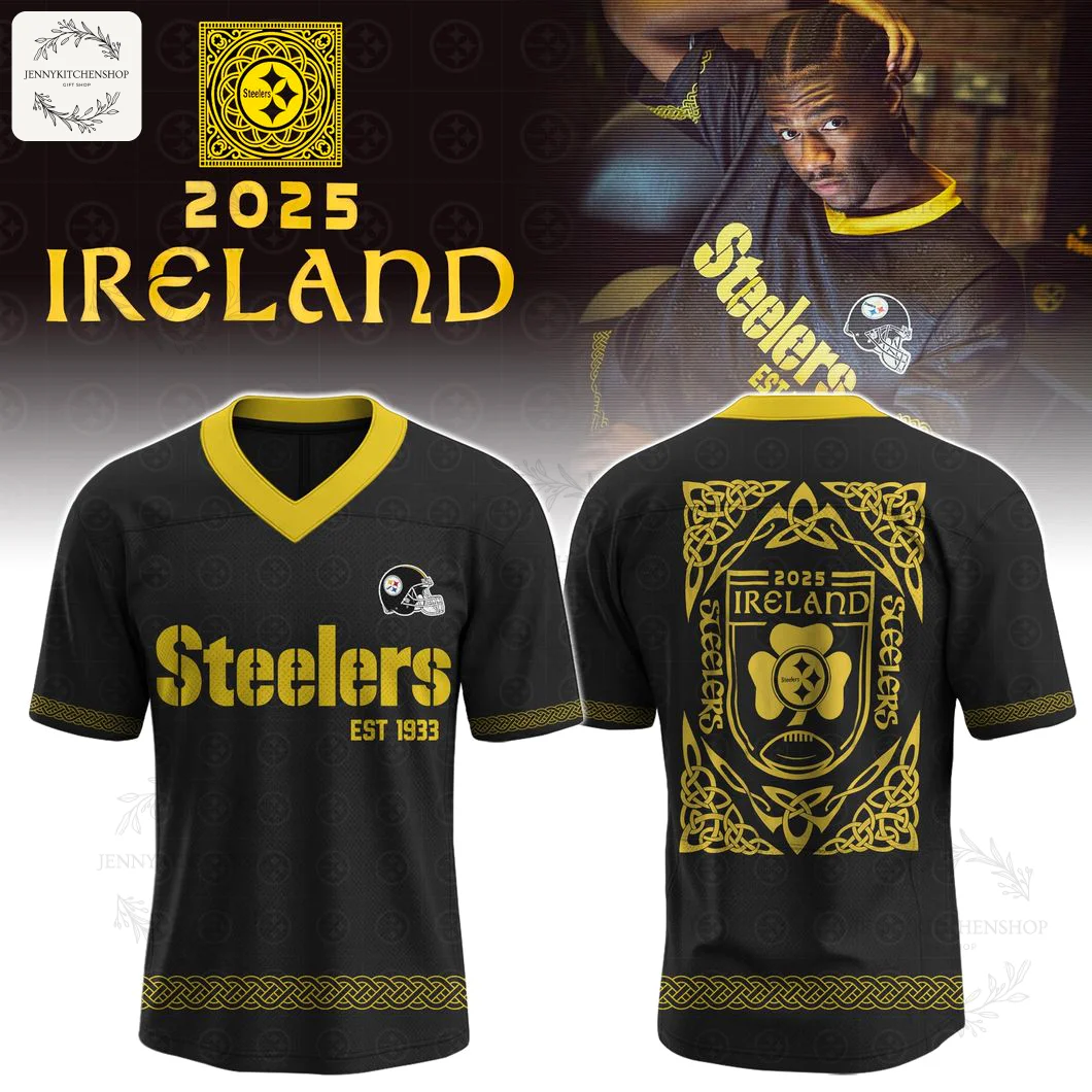 A man wearing the black and gold Pittsburgh Steelers Ireland 2025 jersey, alongside isolated front and back views of the shirt.