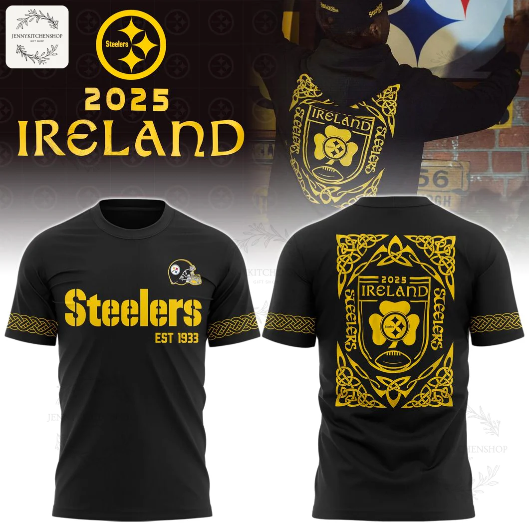 Front and back views of the black Pittsburgh Steelers Ireland Heritage 2025 t-shirt with yellow Celtic knot details and logos.