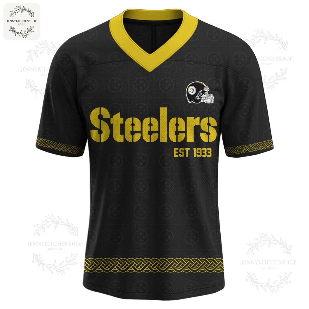 Front view of the black Pittsburgh Steelers Ireland Heritage 2025 jersey with gold text, helmet logo, and Celtic knot sleeve trim.