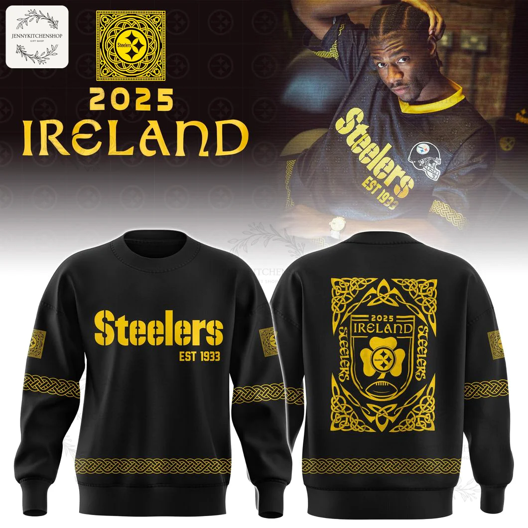Pittsburgh Steelers Ireland Heritage 2025 Sweatshirt | Front and Back View Front and back of the black Pittsburgh Steelers Ireland Heritage 2025 sweatshirt, featuring yellow Celtic-inspired graphics.