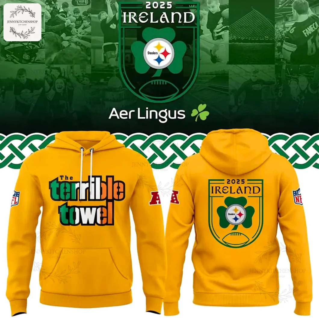Pittsburgh Steelers 2025 Ireland Game "The Terrible Towel" Pullover Hoodie Front and back of the yellow Pittsburgh Steelers Ireland game pullover hoodie featuring "The Terrible Towel" text and shamrock logo.
