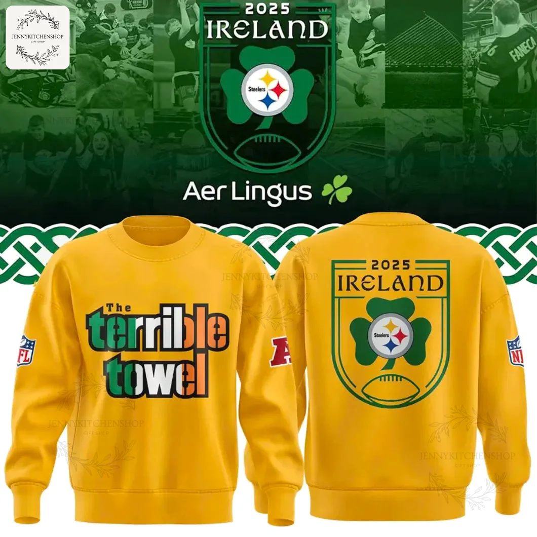 Front and back of the yellow Pittsburgh Steelers Ireland game crewneck sweatshirt featuring "The Terrible Towel" text and shamrock logo.