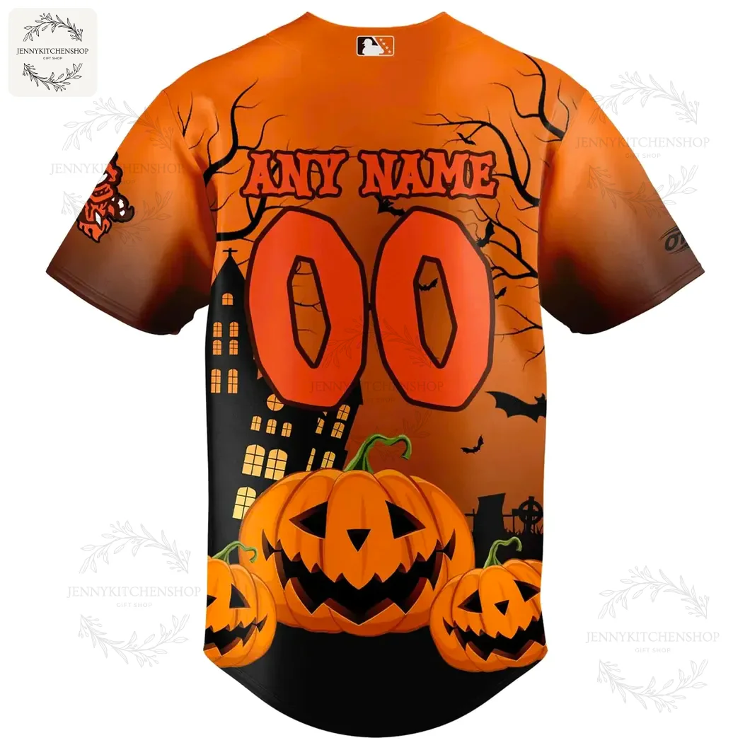 Back of the Trash Pandas Fall Festival jersey showing custom name and number placement above a Halloween pumpkin scene.