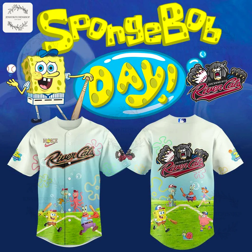 Promo image for the Sacramento River Cats SpongeBob Day jersey, showing the front and back designs with characters playing baseball.