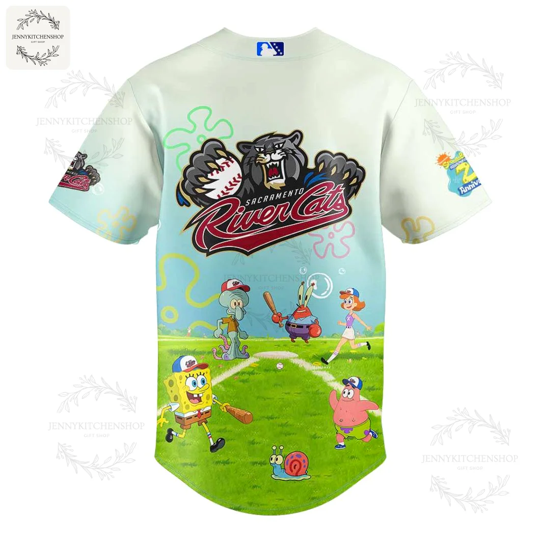 Back View of the Sacramento River Cats x SpongeBob Day Jersey The back of the Sacramento River Cats SpongeBob jersey, displaying the team's primary logo above a scene of the characters playing baseball.