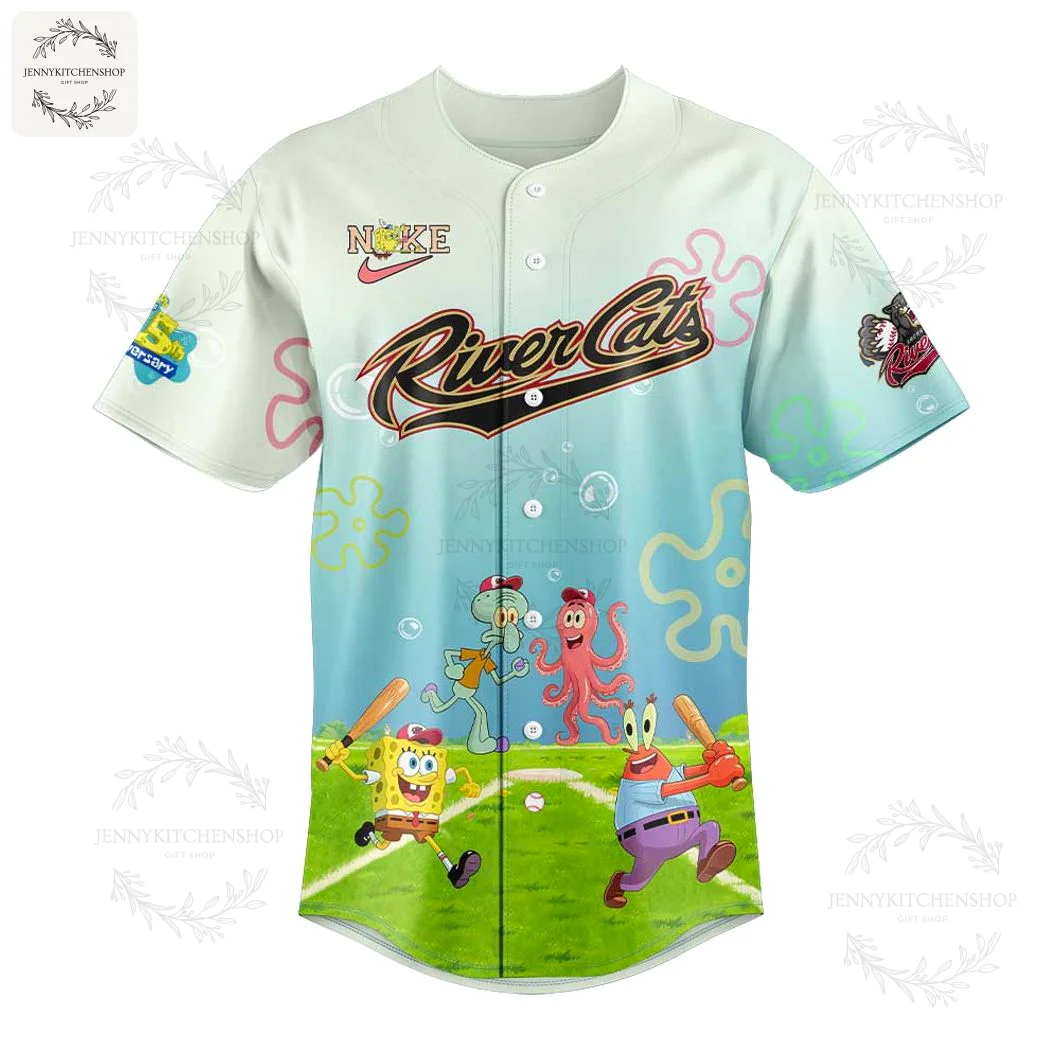 A clear front view of the Sacramento River Cats SpongeBob baseball jersey, featuring the River Cats script and characters on the field.
