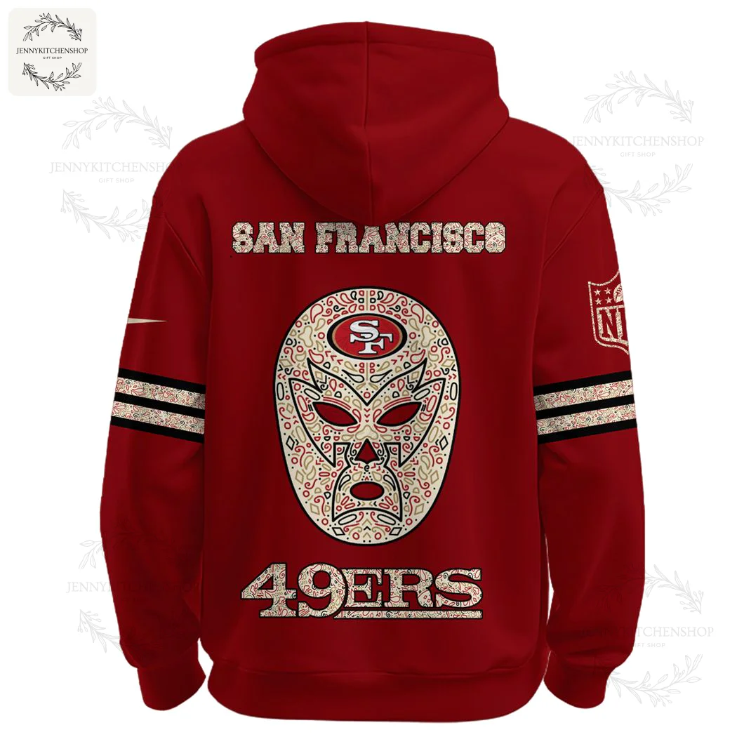 Back View of the San Francisco 49ers Latino Heritage Hoodie Back of the red 49ers Latino Heritage hoodie showcasing a large luchador mask graphic with "San Francisco 49ers" text.