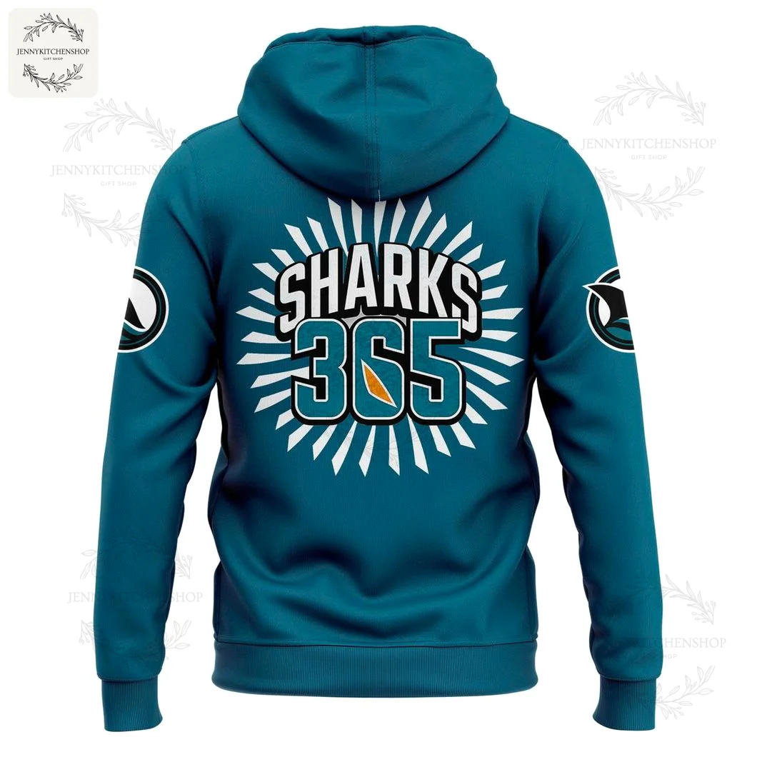 Back of the teal San Jose Sharks hoodie featuring the 'Sharks 365' graphic with a sunburst design and team logos on both sleeves.