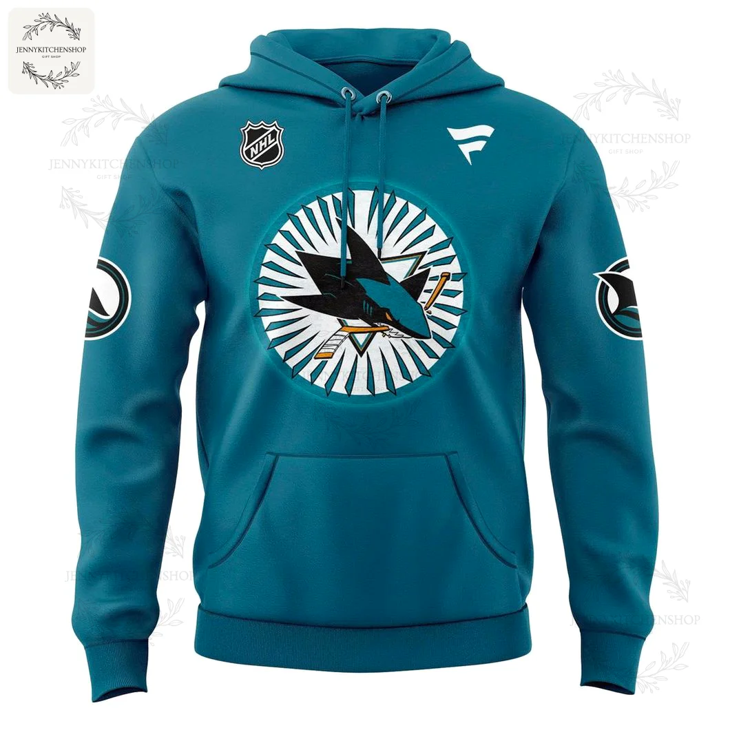 Front View of the San Jose Sharks Behind the Center Ice Design Hoodie Front of the teal San Jose Sharks pullover hoodie showcasing the 'Behind the Center Ice' circular logo, plus NHL and Fanatics logos.