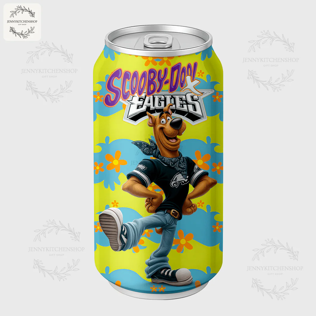 Front view of the Scooby-Doo Philadelphia Eagles Coca Tumbler, showing Scooby happily kicking a leg up in his Eagles fan gear.