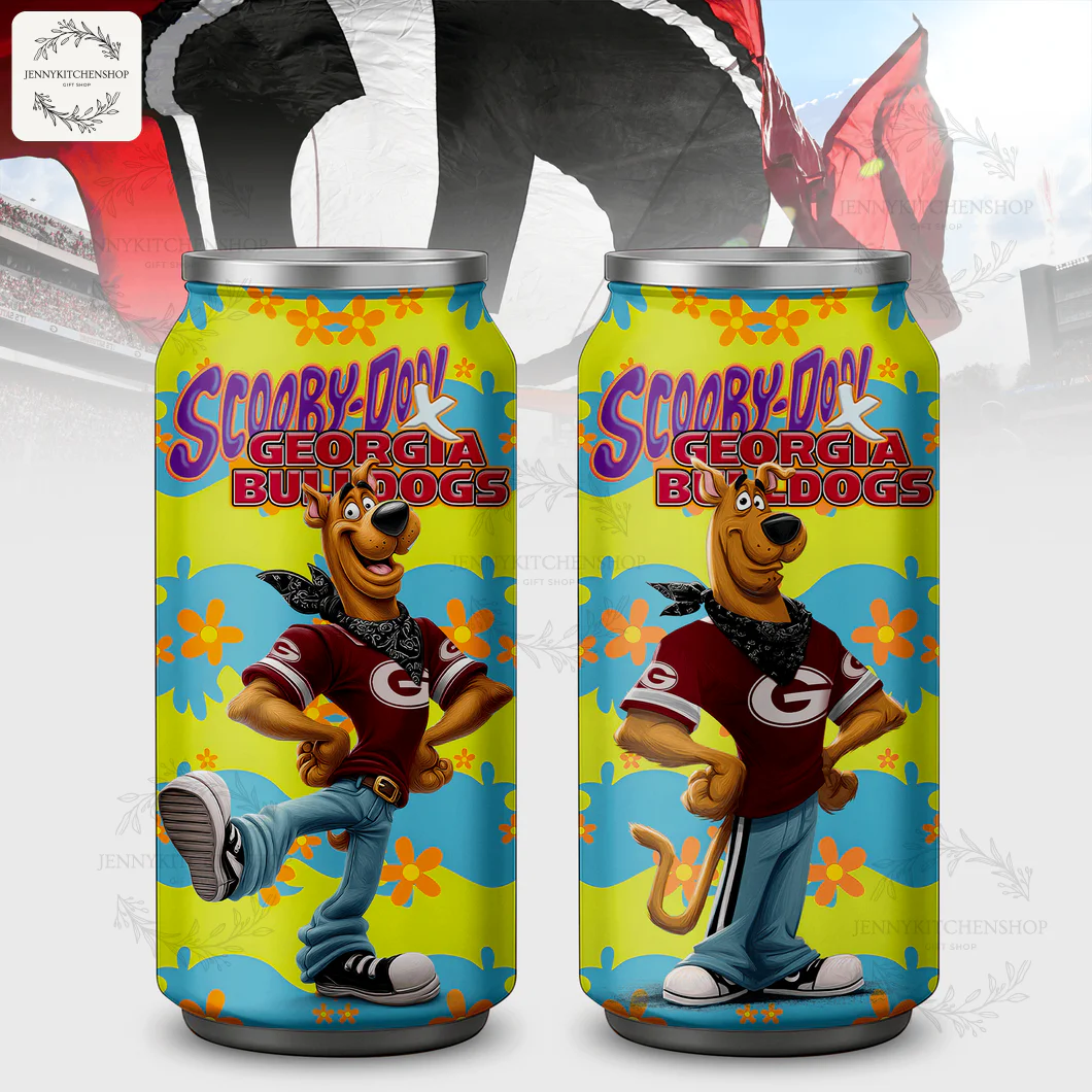 Two views of the Scooby-Doo Georgia Bulldogs Coca Tumbler, showing the full wrap-around design of Scooby in a team shirt.