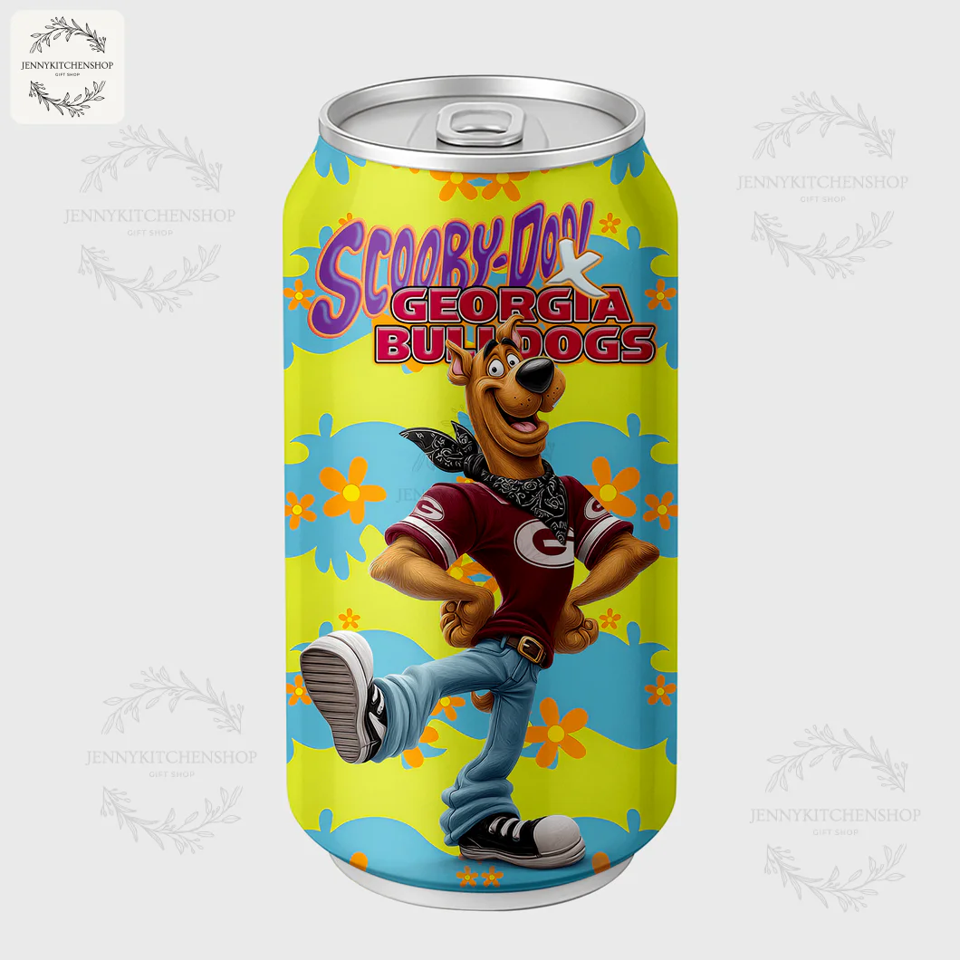 Front angle of the Scooby-Doo Georgia Bulldogs tumbler, featuring Scooby-Doo in a fun pose kicking his leg up.