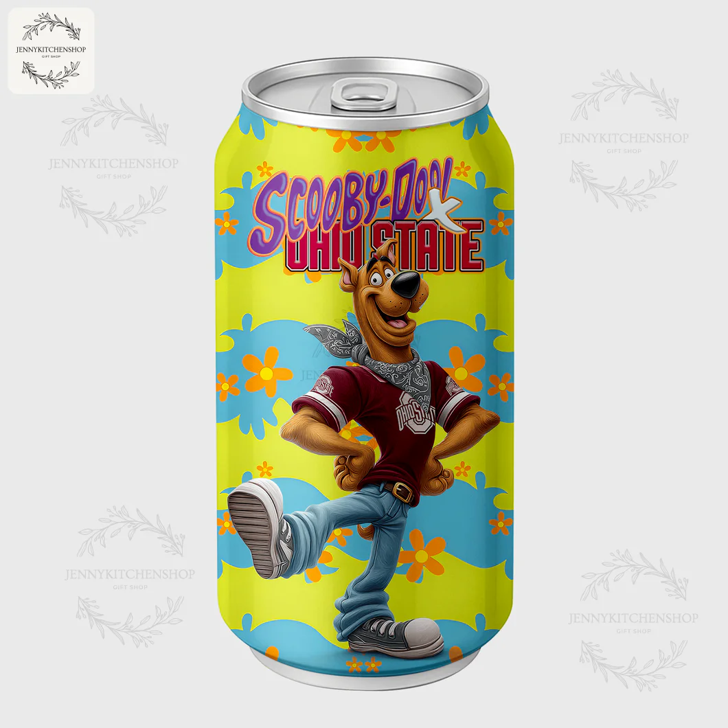 A custom coca tumbler featuring Scooby-Doo wearing an Ohio State Buckeyes t-shirt and kicking his leg up playfully.