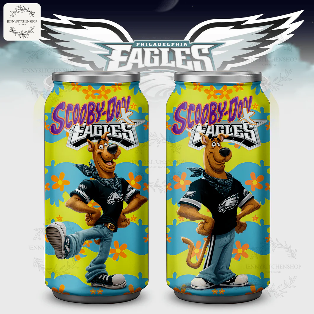 A dual view of the Scooby-Doo x Philadelphia Eagles custom Coca Tumbler, featuring Scooby-Doo in two different poses.