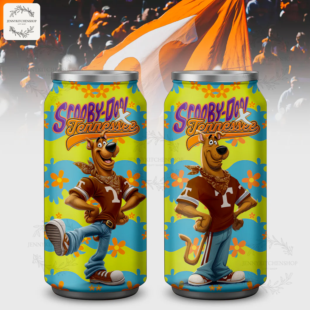 A can-shaped Coca Tumbler featuring Scooby-Doo in a playful pose wearing a Tennessee Volunteers T-shirt on a groovy background.