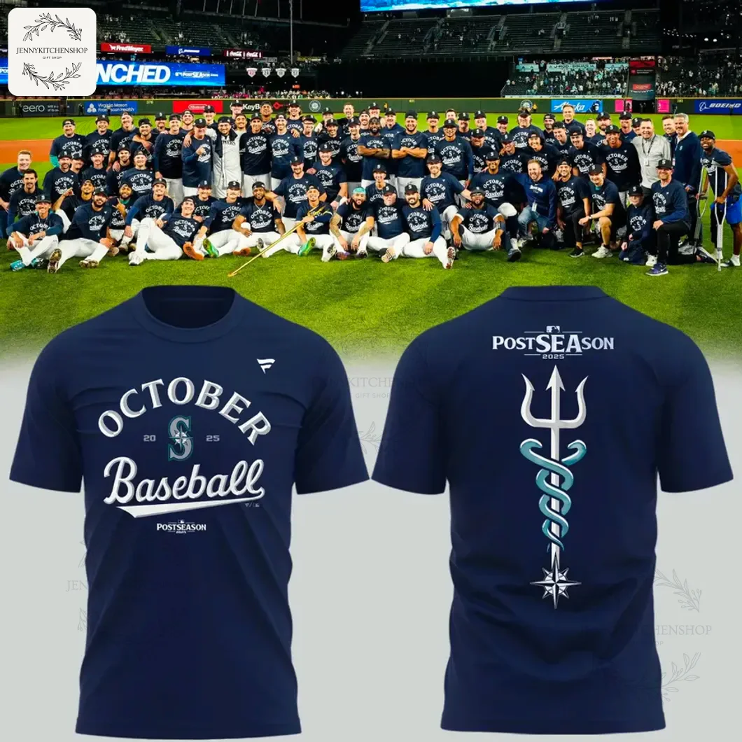 Front and back view of a navy Seattle Mariners 2025 Postseason t-shirt with 'October Baseball' text and a large trident logo.