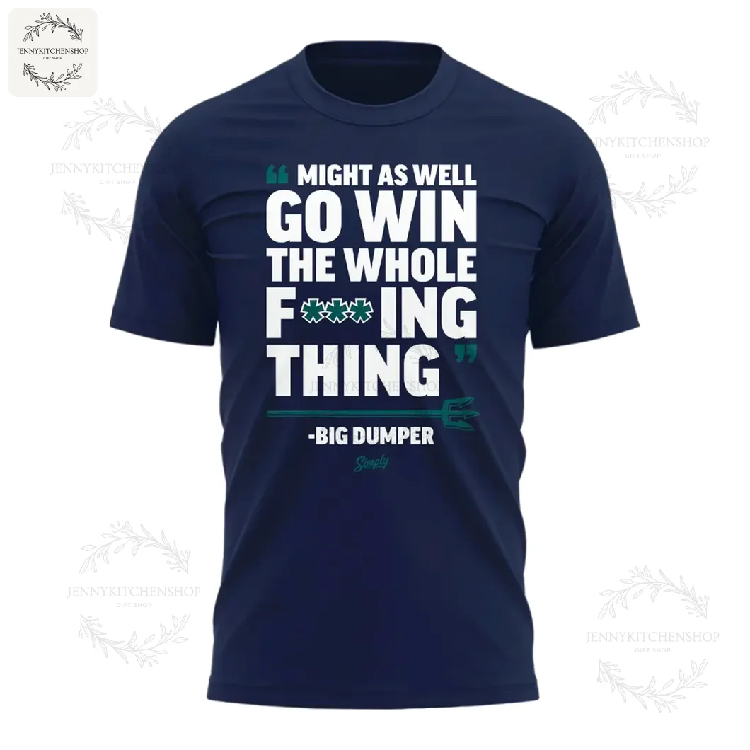 Back view of navy blue T-shirt showing a vertical trident with a teal-wrapped serpent design and compass-like star.