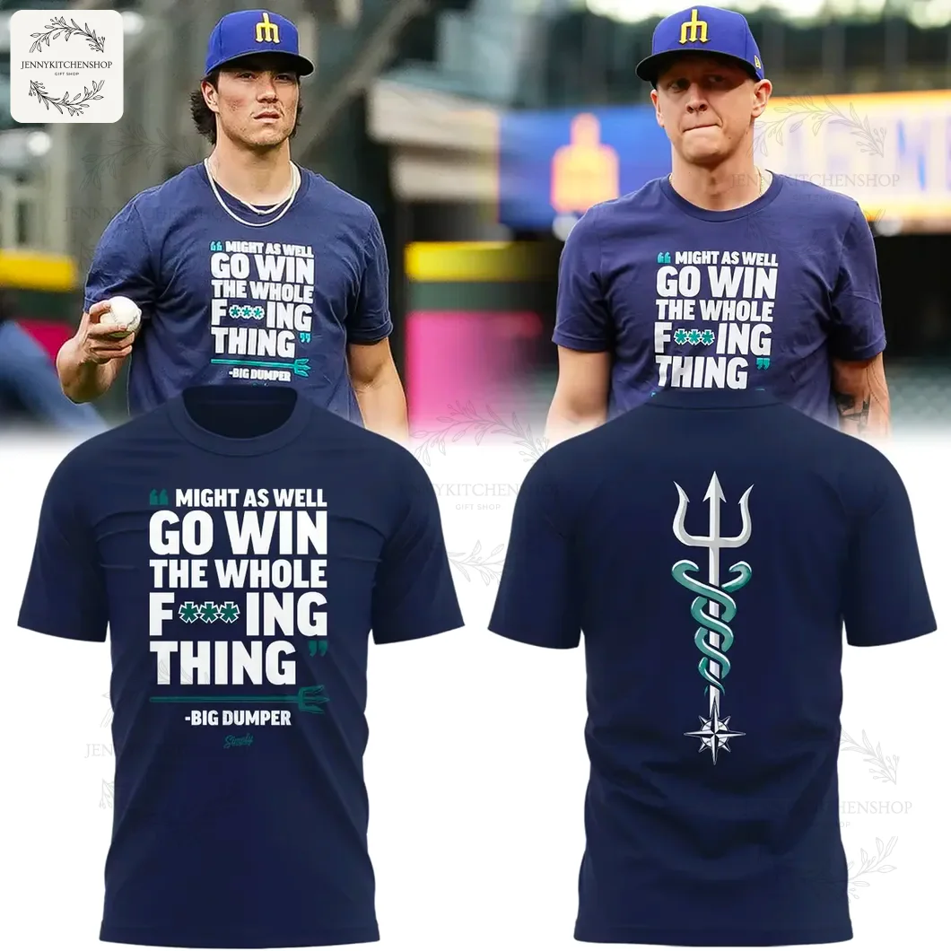 Front view of navy blue T-shirt with bold white slogan and teal accents.