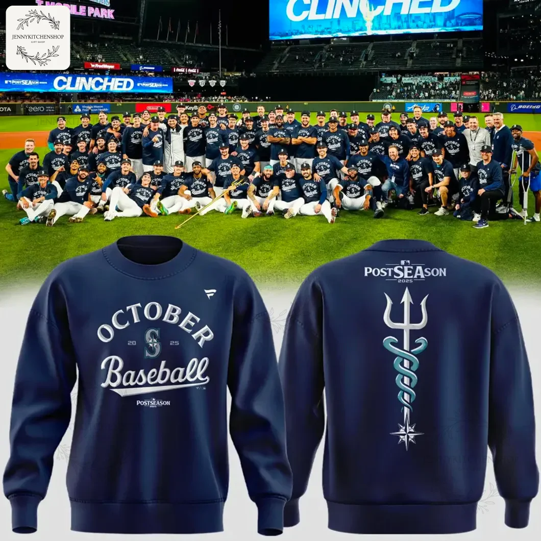 Front and back of a navy Seattle Mariners 2025 Postseason sweatshirt featuring 'October Baseball' on the front and a trident on the back.