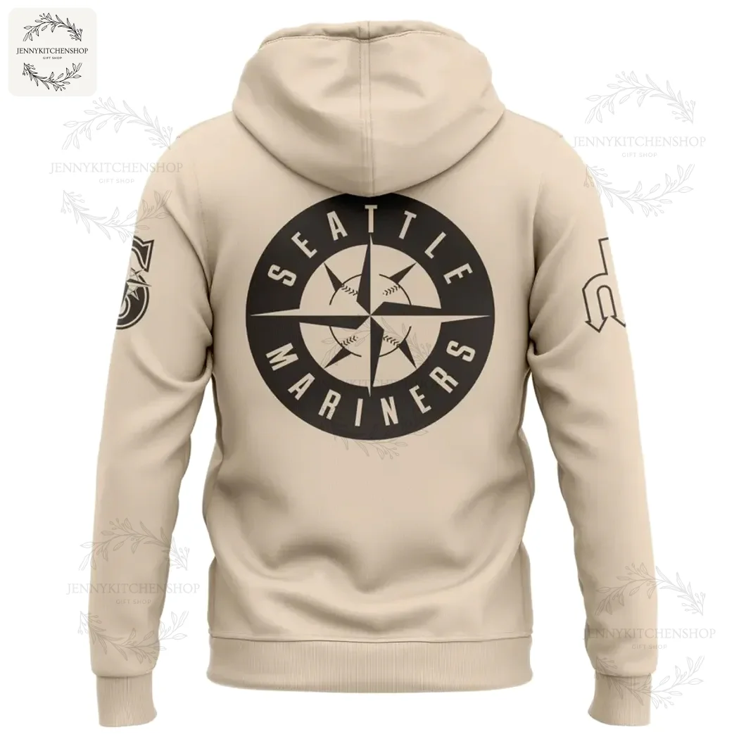 Back View of the Seattle Mariners Pho Kit Hoodie The back of the beige Seattle Mariners hoodie showing the large black circular compass logo with a baseball in the center.