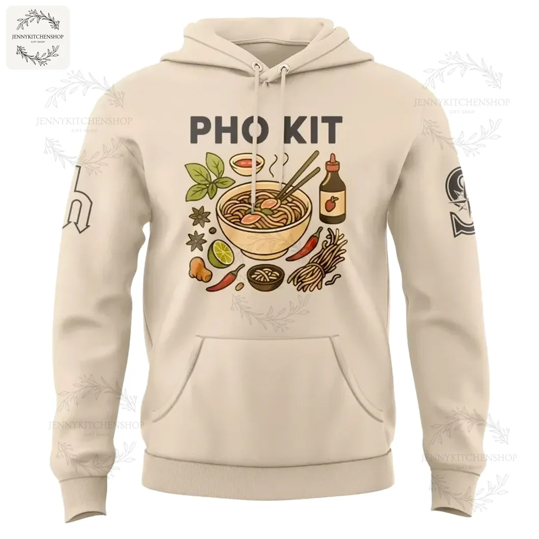 The front of the beige Seattle Mariners hoodie featuring a large graphic of a bowl of pho with the text PHO KIT above it.