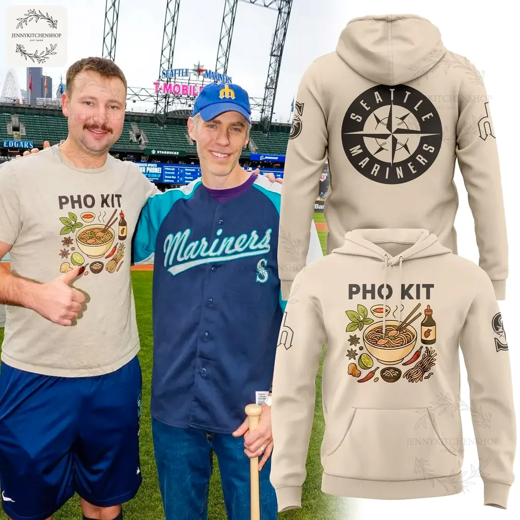 A fan wearing the Pho Kit t-shirt next to product shots of the Seattle Mariners Pho Kit hoodie, showing the front and back designs.