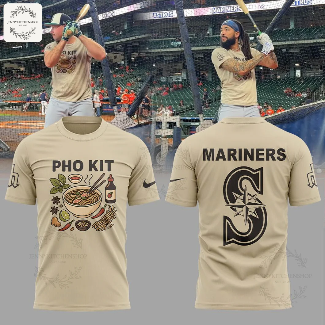Composite image of Mariners players wearing the tan Pho Kit shirt, with a detailed mockup of the front and back designs.