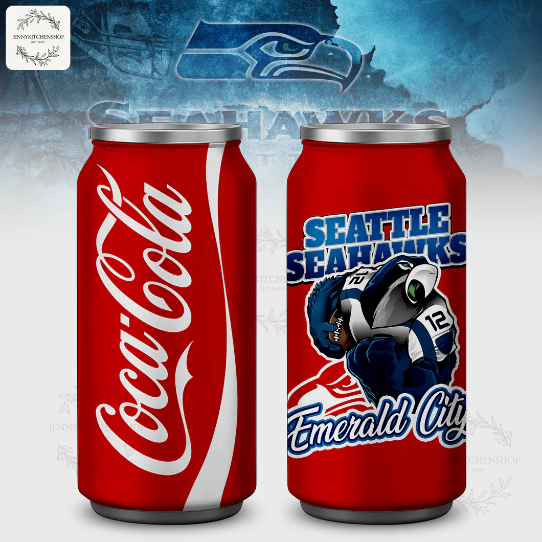 Front and back view of a Seattle Seahawks Coca Tumbler, shaped like a Coke can with a team mascot design. Gift for NFL fans.