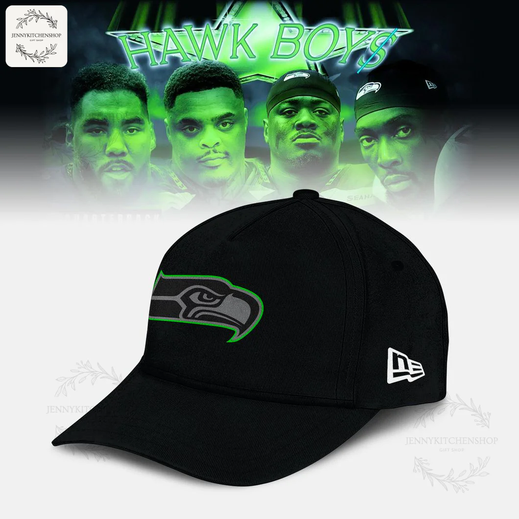 Seattle Seahawks Hawk Boys Trench Warfare Adjustable Cap A black Seattle Seahawks cap with the team's logo outlined in green on the front panel.