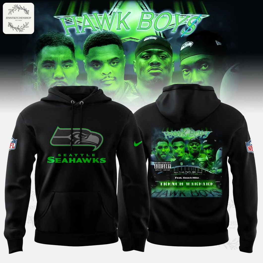 Front and back view of a black Seattle Seahawks hoodie featuring the team logo and a 'Hawk Boys Trench Warfare' player graphic.