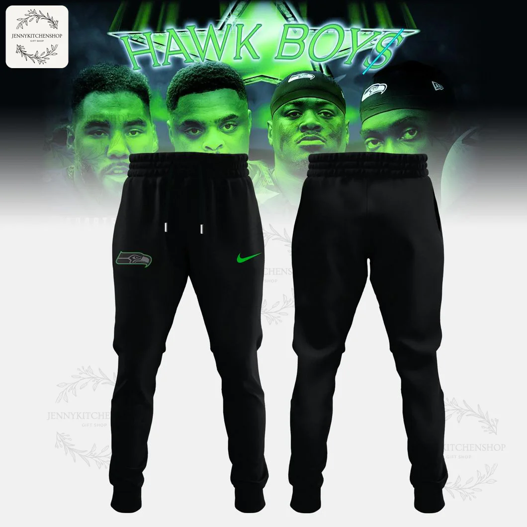 A pair of black Seattle Seahawks joggers with the team logo on the left leg, shown from the front and back.