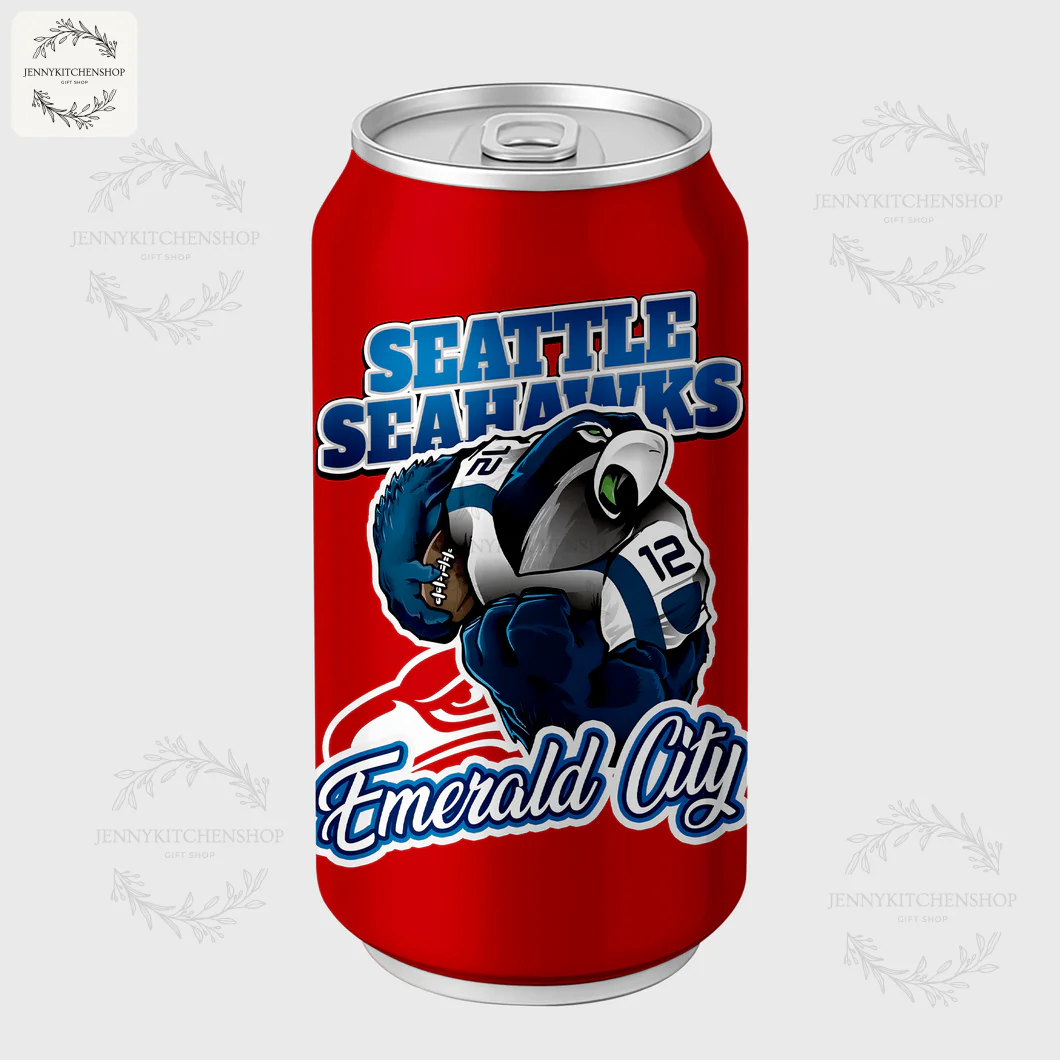 Seattle Seahawks Mascot Design on the Coca Tumbler Close-up of the Seattle Seahawks design on a red Coca Tumbler, featuring a mascot and "Emerald City" text. Gift for fans.