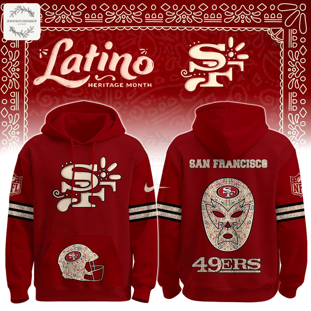 Front and back view of the red San Francisco 49ers Latino Heritage hoodie, showing the SF logo, helmet, and luchador mask designs.