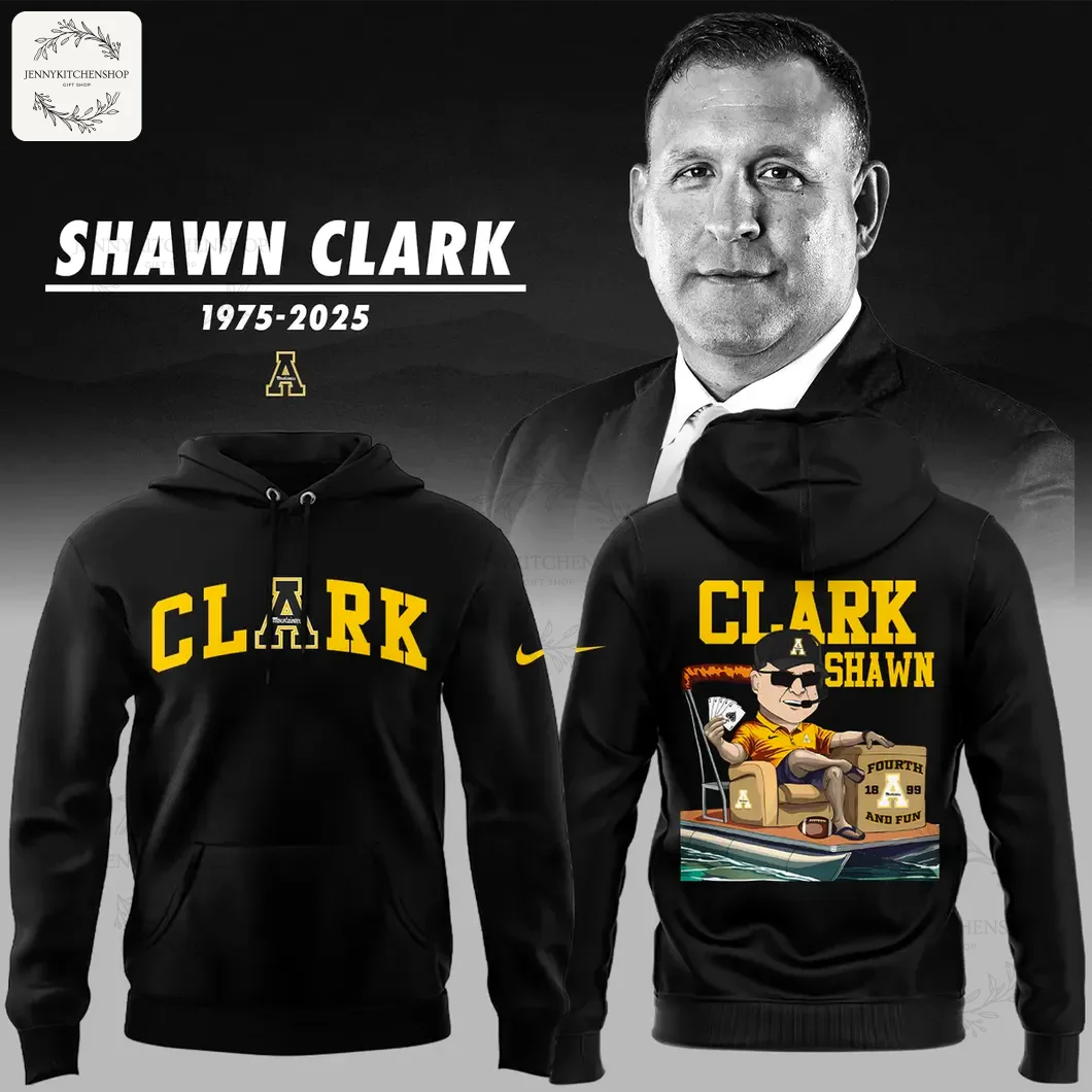 Shawn Clark 1975-2025 Tribute Hoodie Front and Back View Front and back of a black hoodie honoring coach Shawn Clark. The front shows CLARK in yellow, the back has a cartoon graphic.