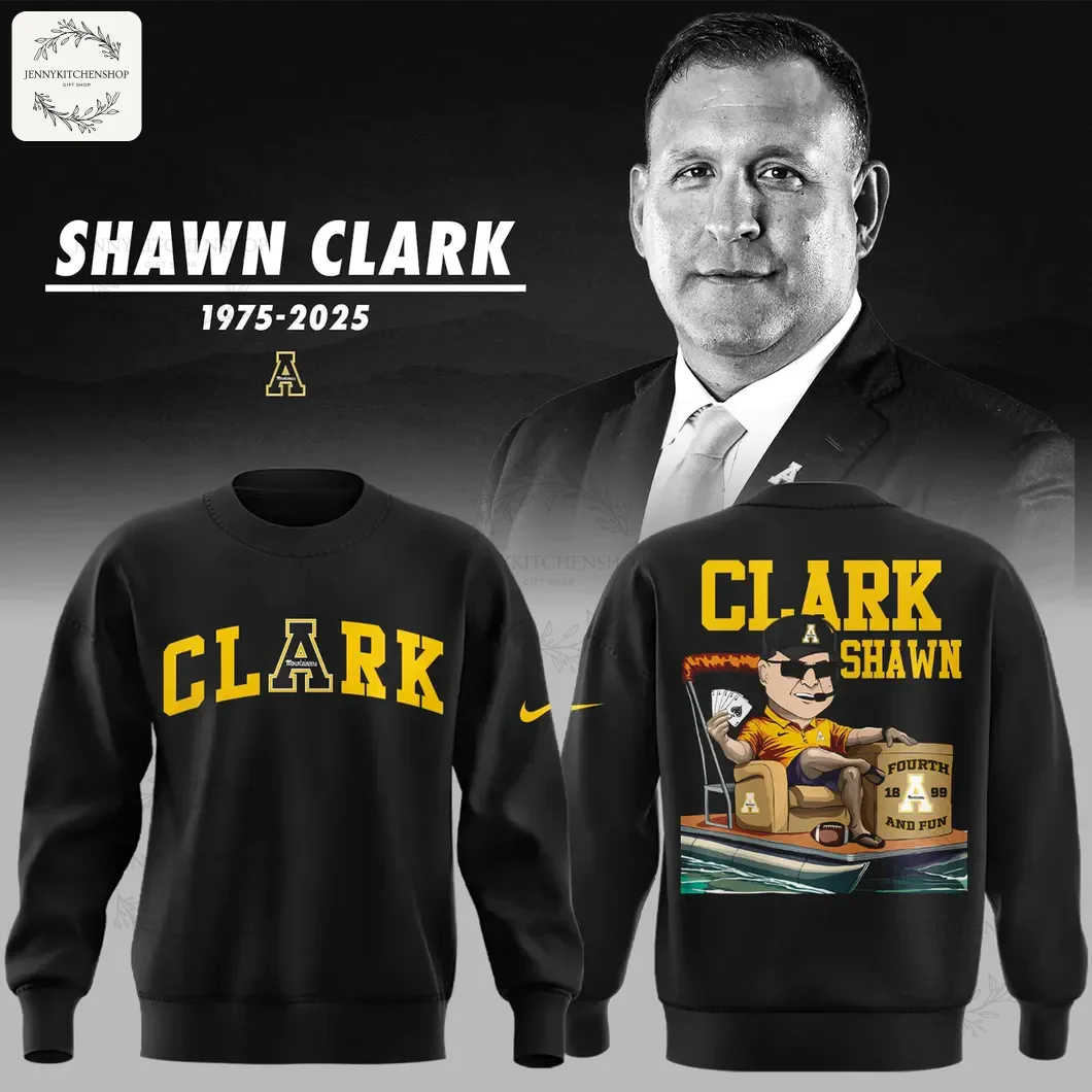 Front and back of a black sweatshirt honoring coach Shawn Clark. The front shows CLARK in yellow, the back has a cartoon graphic.