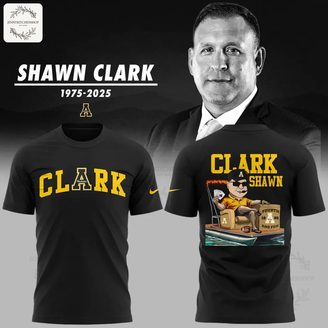 Front and back of a black t-shirt honoring coach Shawn Clark. The front shows CLARK in yellow, the back has a cartoon graphic.