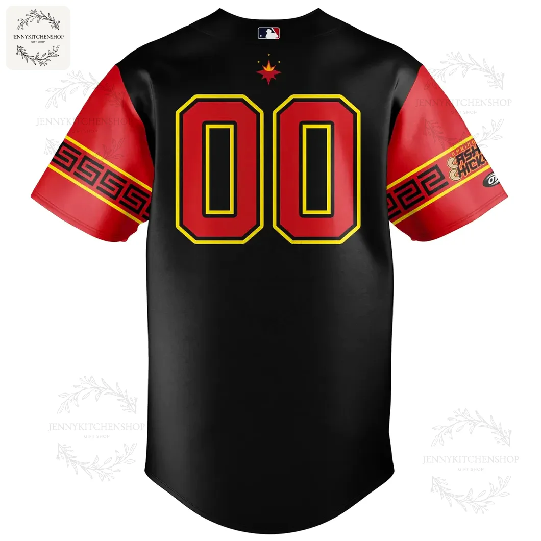 The back of the Springfield Cashew Chickens baseball jersey, showing the number 00 in red and yellow on the black body.