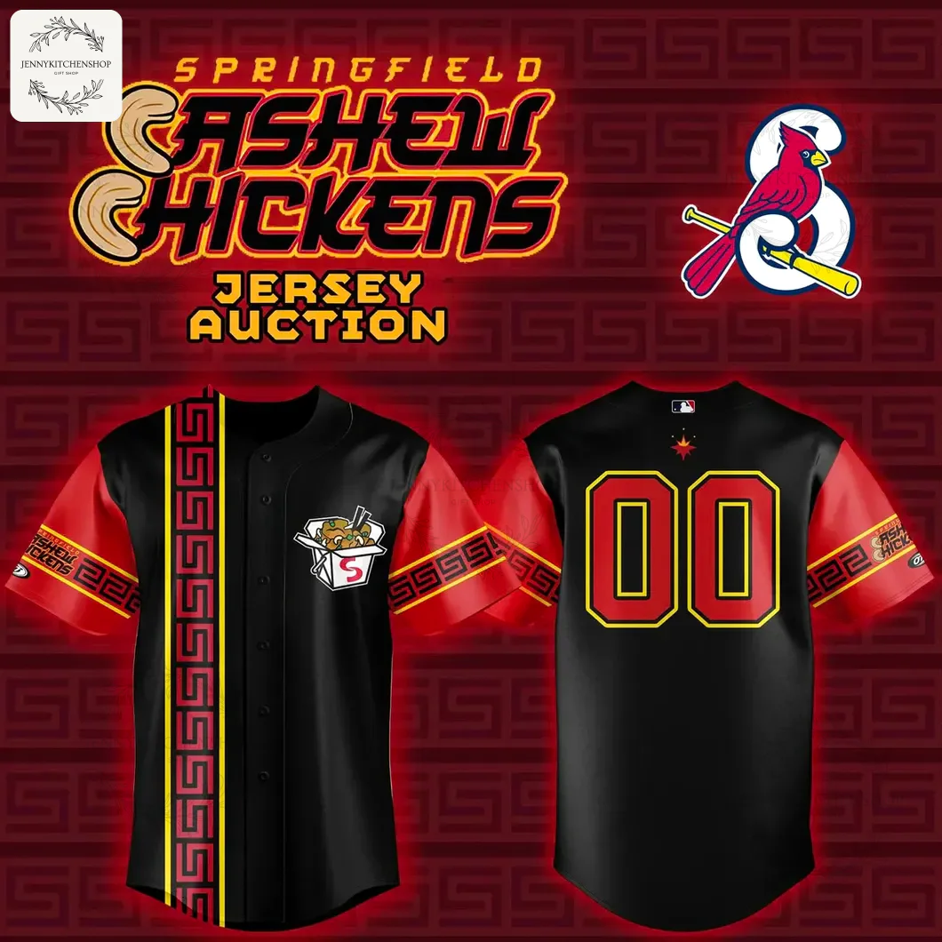 Front and back view of the Springfield Cardinals Cashew Chickens baseball jersey on a promotional background.