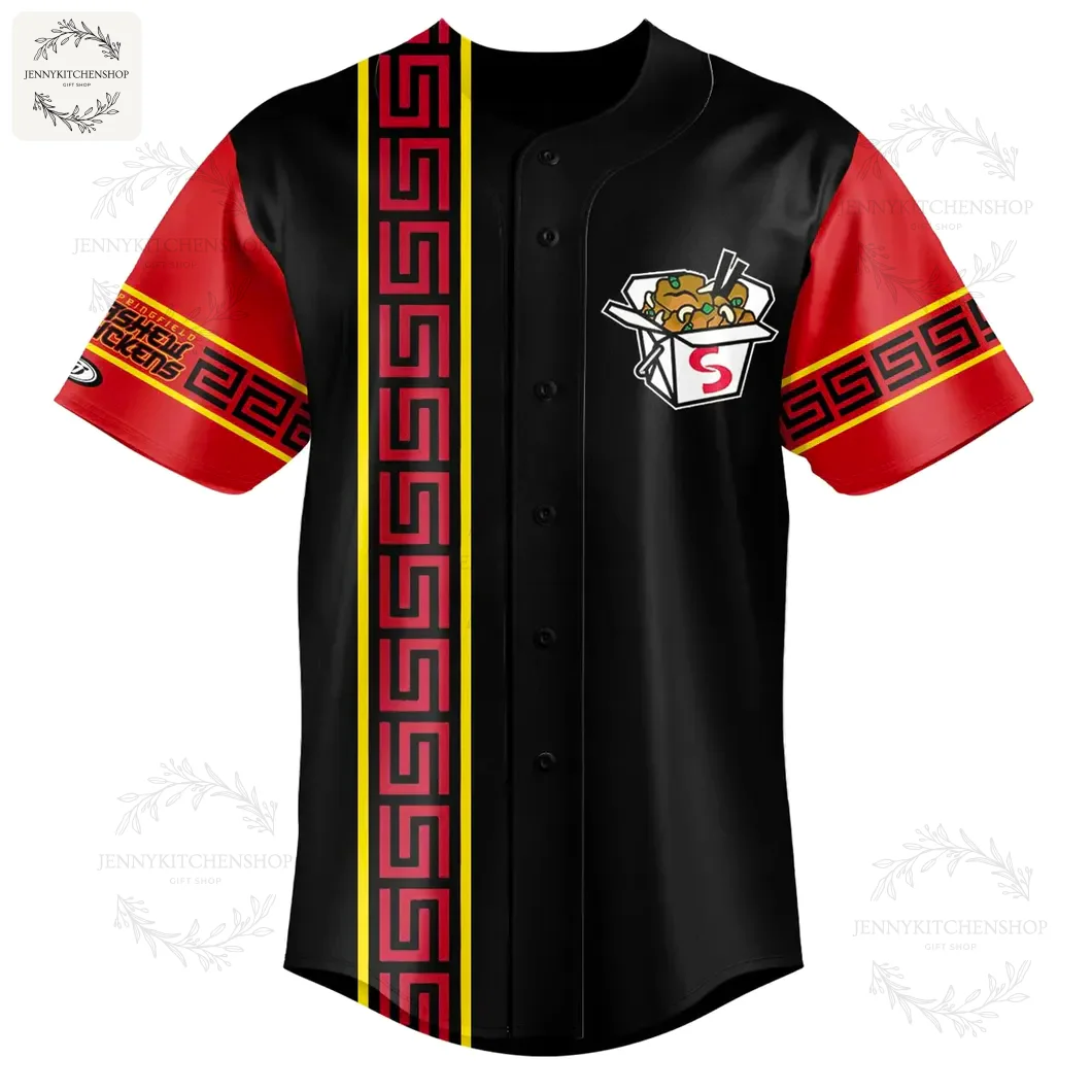 A detailed front view of the black and red Springfield Cashew Chickens baseball jersey with a takeout box logo.