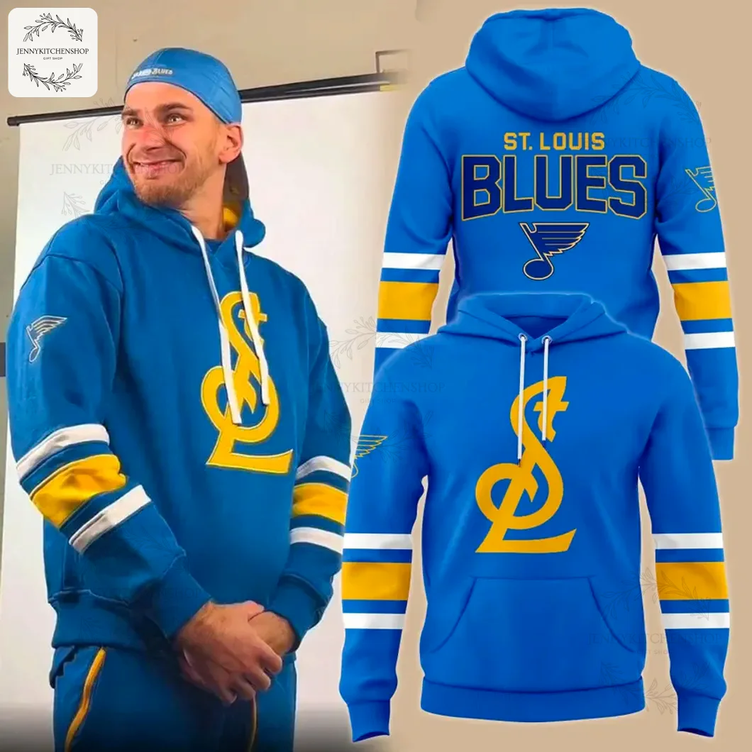 Model wearing the St Louis Blues 2025 Limited Hoodie alongside front and back product shots. Royal blue with gold and white stripes.