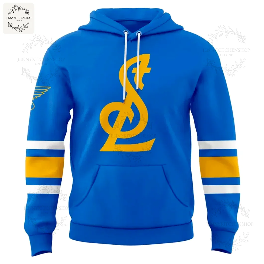 Front of the royal blue St Louis Blues 2025 Limited Hoodie, featuring the gold vintage 'STL' logo and striped sleeves.