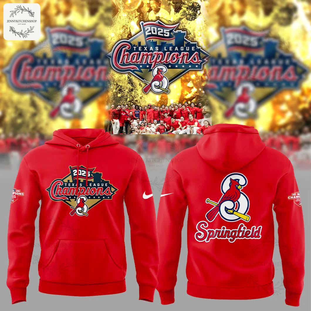 A mockup showing the front and back of the red St. Louis Cardinals 2025 Texas League Champions hoodie with celebratory graphics.