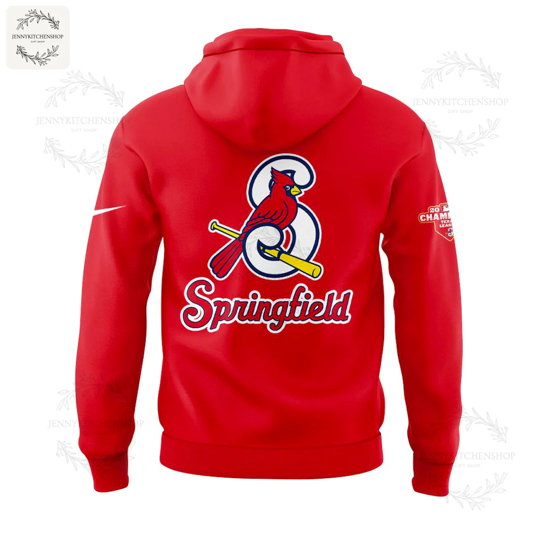 Back View of the St Louis Cardinals 2025 Texas League Champions Red Hoodie Back view of the red hoodie with the Springfield Cardinals logo and the word Springfield printed in large script lettering.