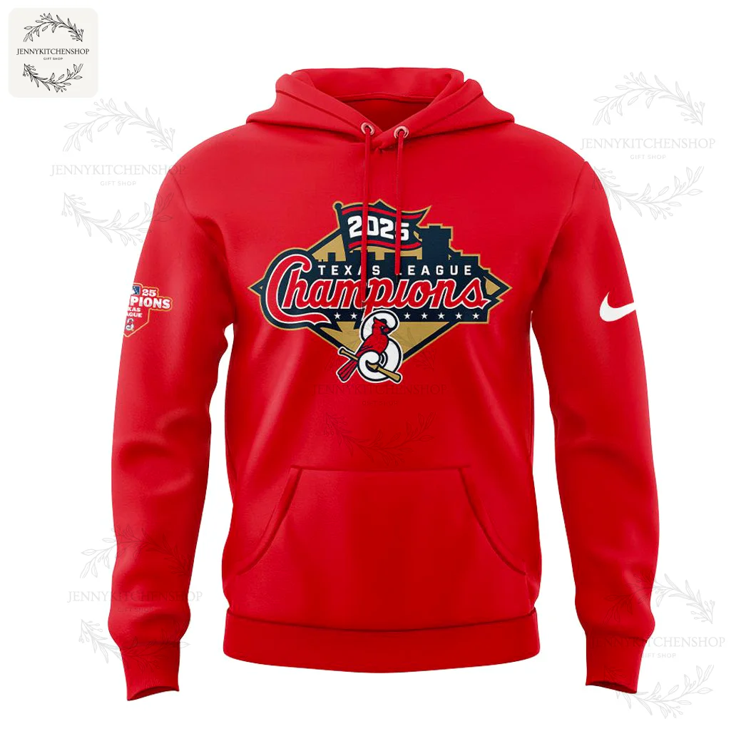 Front view of the red pullover hoodie featuring the 2025 Texas League Champions logo for the St. Louis Cardinals on the chest.