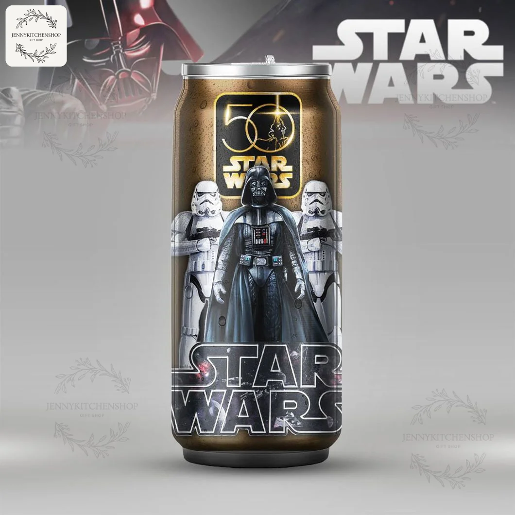 Star Wars 50 Years Fans Can Tumbler featuring Darth Vader and Stormtroopers on a stylized bronze background.