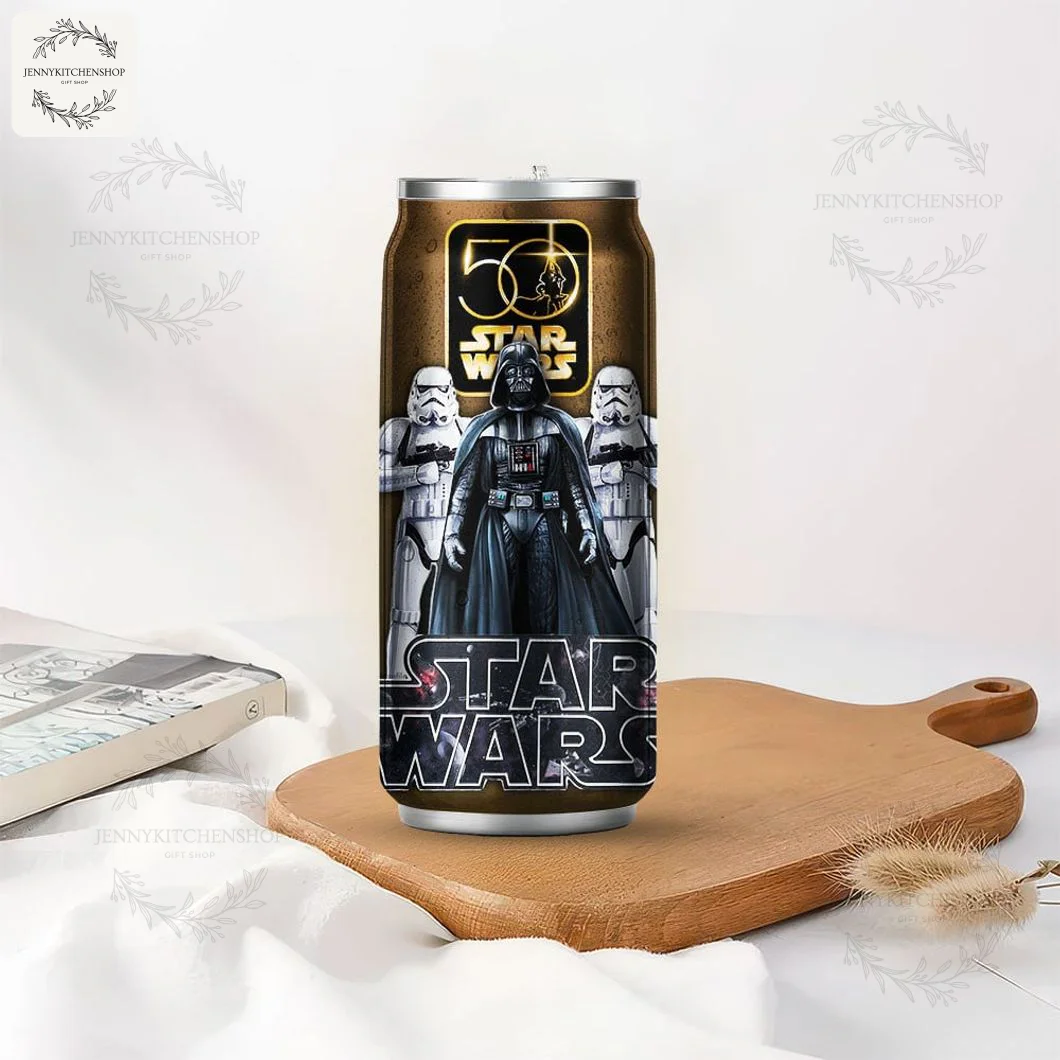 Star Wars 50 Years Can Tumbler in a Home Setting The Star Wars 50 Years can tumbler resting on a wooden board, showcasing its design and use in a daily lifestyle setting.