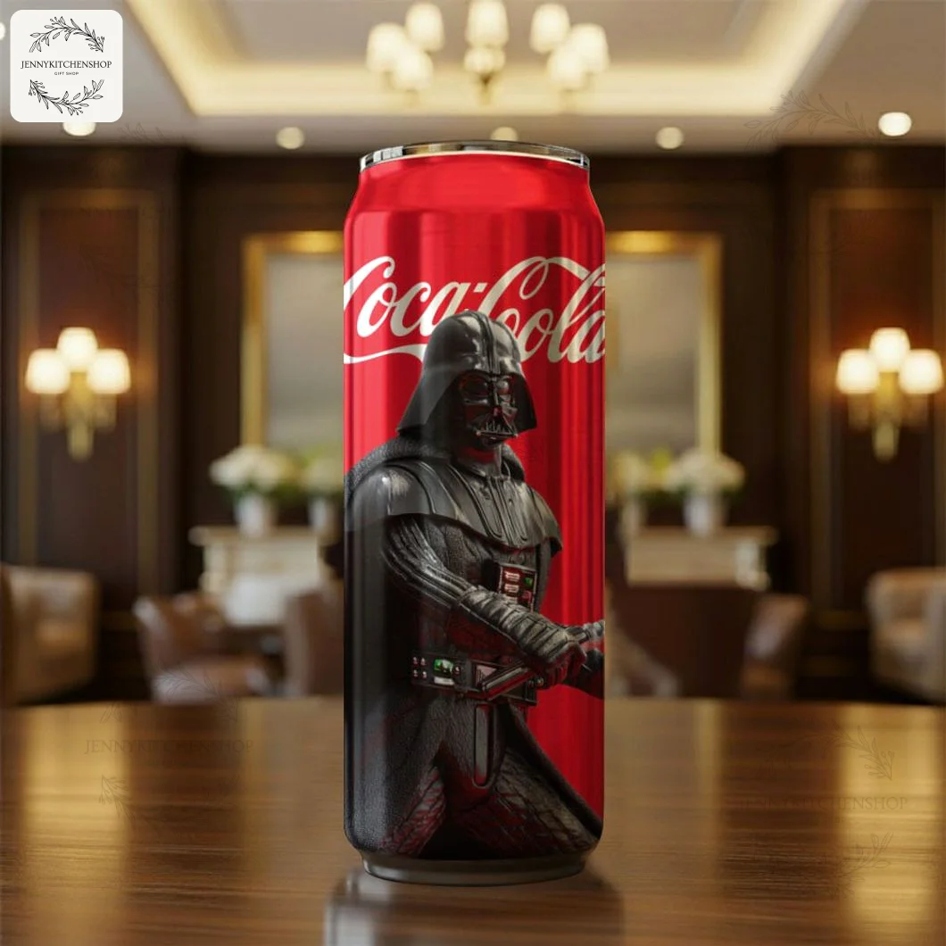 A Starwars custom Coca tumbler featuring Darth Vader standing on a wooden table in an elegant, well-lit room.